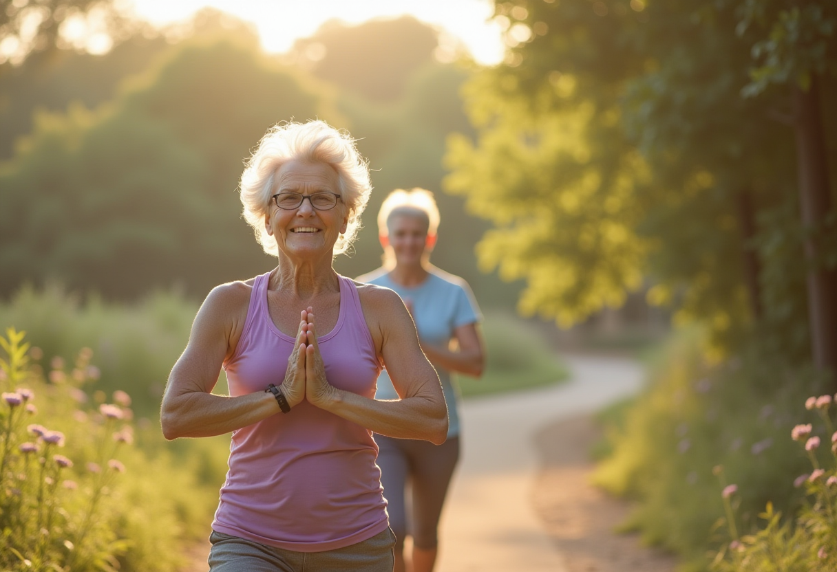 Възрастни хора практикуват йога на открито