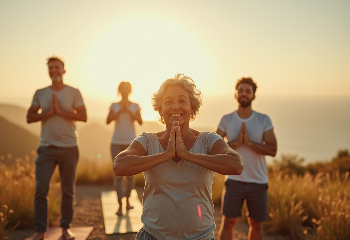 Група възрастни хора практикуват йога заедно